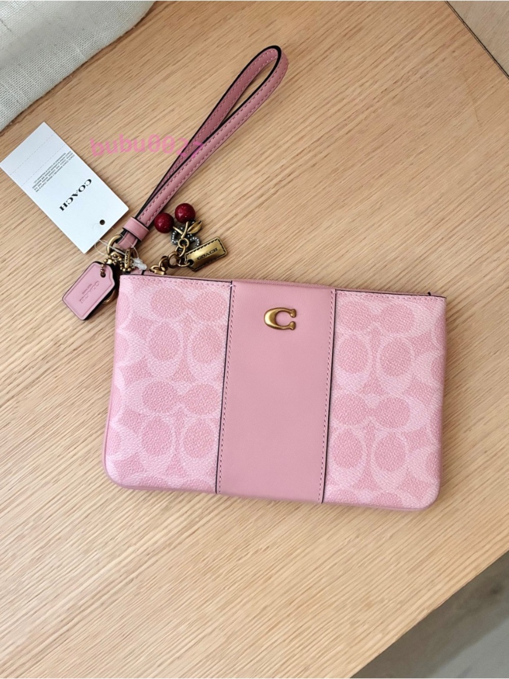 NWT🎀Coach Essential Signature Canvas Cherry Charm Wristlet Powder Pink CFT53